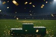 © E - A winner podium on a lush green field, illuminated by stadium lights, with golden confetti falling from the night sky celebrating victory