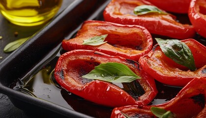 Juicy roasted red pepper slices, charred and sweet, served with a drizzle of olive oil, vibrant and smoky