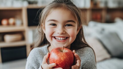 Poster - A little girl holding an apple in her hand smiling, AI