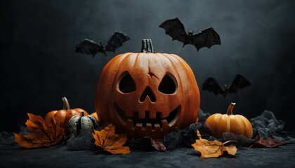 Seasonal Halloween decorations with horror elements and a festive atmosphere