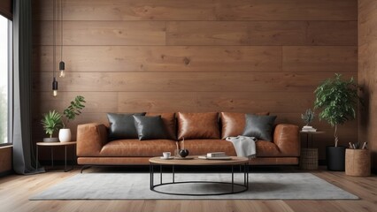 Wall Mural - Modern Living Room with Leather Sofa and Wooden Wall