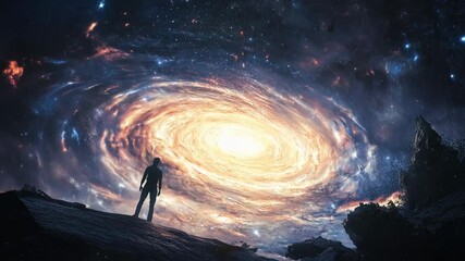 Wall Mural - a man stands in front of a huge galaxy surrounded by stars and space, creating a feeling of the vast