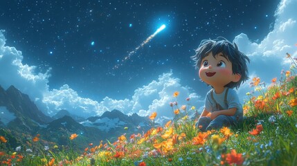 Boy sitting on a beautiful hill looking up at a comet in the starry night sky. Funny romantic facial expression, 3d style cartoon character