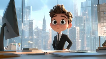 Wall Mural - 3d style cartoon character Young guy student startup businessman in business suit. Modern bright office with large windows overlooking the city, skyscrapers.