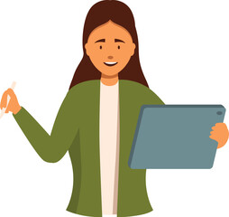 Poster - Young designer woman holding graphic tablet and stylus working on creative project