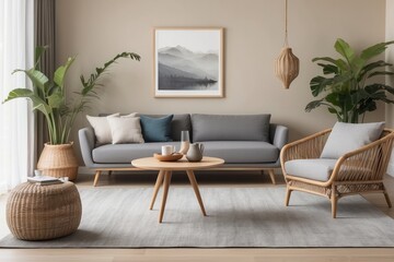 Wall Mural - Modern Living Room with Grey Sofa, Wicker Armchair and Plants