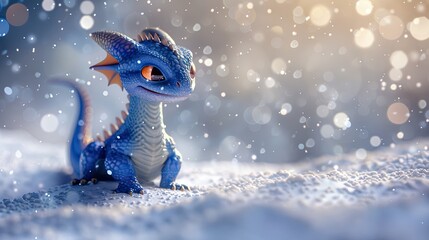 A cute, small, blue dragon with large amber eyes, tiny wings, and red inner ears sits in the snow.