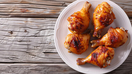 Wall Mural - Rustic wooden table with six chicken drumsticks on a white plate, ready to be enjoyed