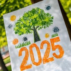 2025 year hand-drawn poster attached to the tree - concept for hopeful and positive future