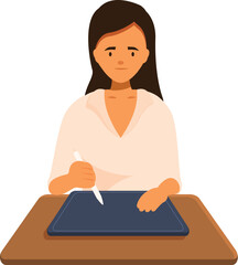 Poster - Young female designer working on a graphic tablet with a stylus at her desk