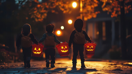 Wall Mural - Children Trick Or Treating with Jack-O-Lantern Candy Buckets on Halloween