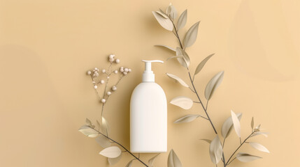 Wall Mural - Solid color background, hand sanitizer, plant, herb, natural, packaging design, product design, beige color, photo