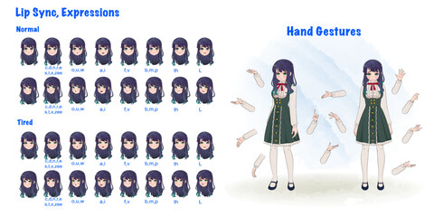 A cute korean tired girl cartoon character creation set with lip sync and hand gesture. Tired girl cartoon character front and 1/3 standing pose