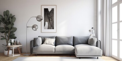 Wall Mural - Modern minimalist living room with grey sofa and green cactus. Interior design of sofa with modern decoration in modern and minimal style. Interior photograph for home and design. Living room. AIG51.