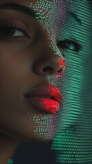 Poster - A close-up portrait of a woman's face blended with digital pixel effects, illustrating technology, artificial intelligence, and futuristic themes.