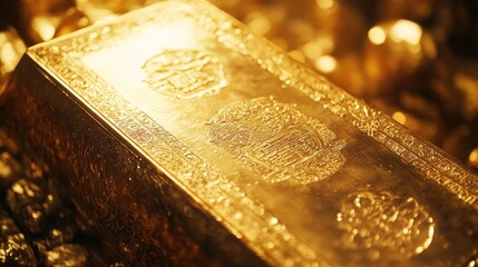 Poster - Close-up of a shiny gold bar resting on a bed of gold coins, symbolizing wealth and luxury.