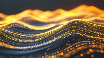 Poster - Abstract waves of golden light creating a smooth, glowing pattern with bokeh, resembling futuristic or digital energy flow.