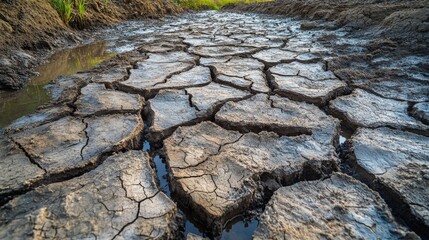 Poster - A close-up of a parched riverbed with dried-up cracks, demonstrating the effects of prolonged heat and lack of rainfall.