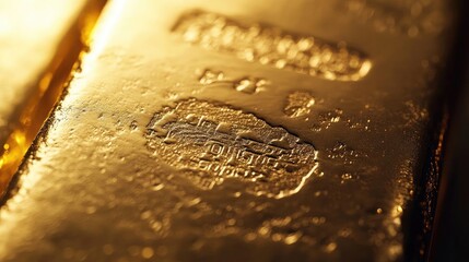 Poster - Close-up of a shiny gold bar showcasing its intricate markings and reflections, symbolizing wealth and prosperity.