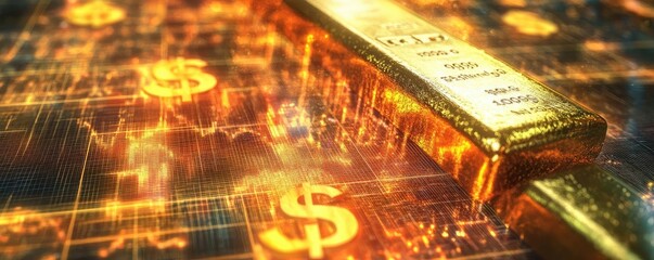 Poster - A stunning close-up of a gold bar reflecting vibrant market data, symbolizing wealth and financial success in the investment world.