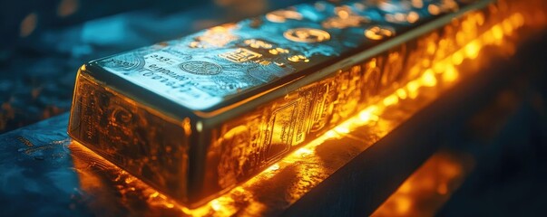 Poster - A glowing gold bar resting on a surface, showcasing intricate designs and a rich, shiny texture, symbolizing wealth and luxury.