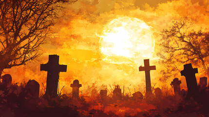 Wall Mural - graveyard silhouette halloween Abstract Background. 