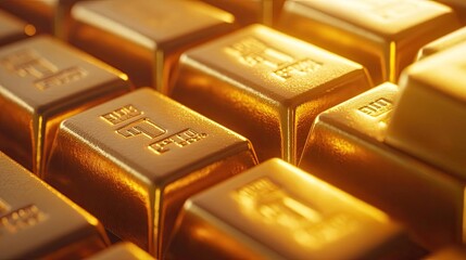 Poster - Close-up view of shining gold bars stacked together, representing wealth, investment, and luxury in a beautifully lit environment.