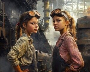 Teenage girls working together in a steel factory, showcasing strength and empowerment in traditionally maledominated industries, breaking barriers