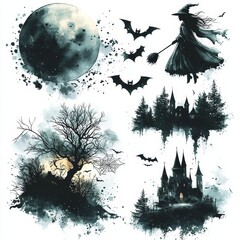 Poster - Watercolor moon silhouettes, flying witch on broom, spider, bat, tree, and castle.