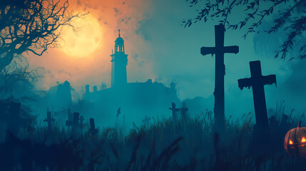 Wall Mural - graveyard silhouette halloween Abstract Background. 