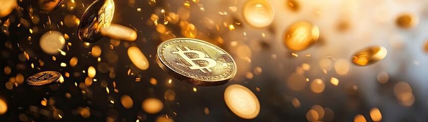 Aufkleber - A dynamic scene featuring floating Bitcoin coins amidst a shimmering background, symbolizing digital currency and investment potential.