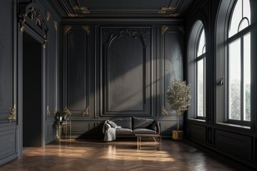 Poster - A cozy modern living room with black walls and wood floors, perfect for interior design or home decor inspiration