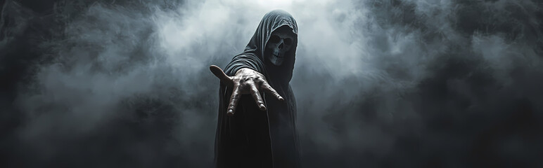 Grim reaper reaching towards the camera over dark, foggy background with copy space 