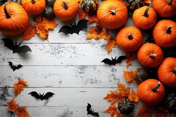 Poster - This is a Halloween background, shown from above. Sweets and pumpkins on a white table, flat laid.