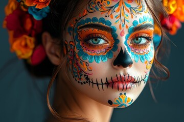 Canvas Print - Young girl with gothic vampire makeup at a Halloween party against a black background, wearing a Halloween make-up look.