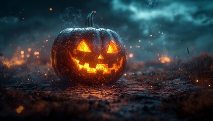 Poster - The spooky pumpkin is lighted on a churchyard, it's Helloween, it's dark, it's generative intelligence