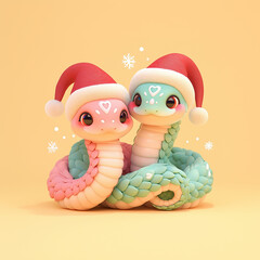 Two small snakes wearing santa hats are hugging each other. The image has a cute and playful mood, with the snakes wearing hats and looking at the camera