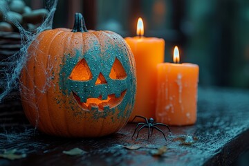 Canvas Print - Setup of carved pumpkins with dark backgrounds for Halloween