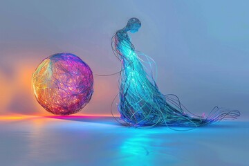 Wall Mural - Abstract figure made of glowing wires with a luminous orb in the background, conveying a sense of ethereal beauty and futuristic design