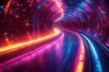 Aufkleber - Light beams of neon lines, abstract circular explosions on a glowing background. Dynamic effect futuristic hyper jump fast motion on a bright blue purple backdrop. Arranging disparate elements in a