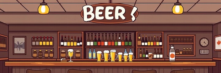 Wall Mural - cartoon illustration of a bar with a wooden bar counter and a beer glass.