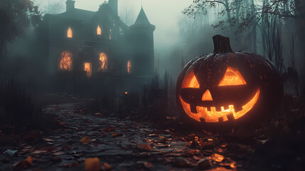 Halloween background with pumpkins and haunted house - 3D render. Halloween background with Evil Pumpkin. Spooky scary dark Night forrest. Holiday event halloween banner background concept 