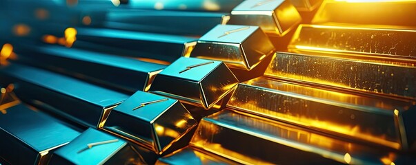Poster - A close-up view of gleaming gold bars, showcasing their radiant shine and intricate details in a captivating light display.