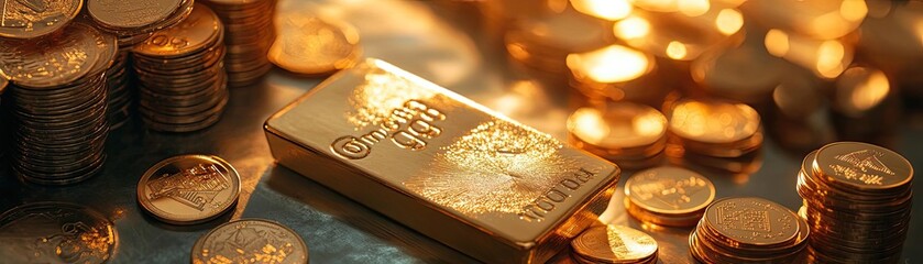 Poster - A close-up view of a gold bar surrounded by shiny coins, symbolizing wealth, investment, and financial security.