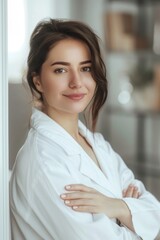 Wall Mural - A woman poses in a white robe for a photo shoot, suitable for fashion or beauty advertising