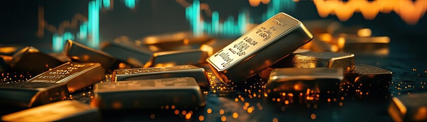 Poster - A stunning collection of gold bars with a dynamic financial background, symbolizing wealth and investment opportunities.