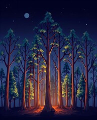 Wall Mural - illustration of a forest at night with a full moon.