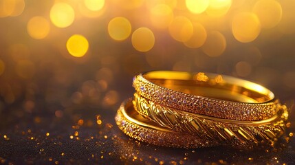 Poster - Elegant golden rings shimmer against a blurred background, perfect for showcasing luxury, romance, and celebration.