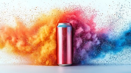 Fototapete - A vibrant explosion of multicolored paint splatters around a metallic cylinder demonstrates a dynamic abstract art concept.