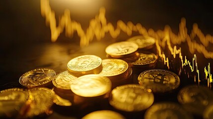 Poster - Close-up of shining coins on a dark surface, with dynamic market graphs in the background, representing finance and investment trends.